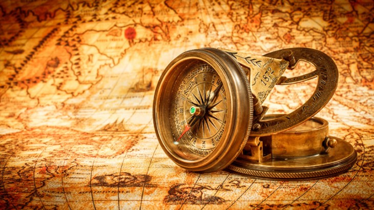 Vintage still life. Vintage compass lies on an ancient world map in 1565.